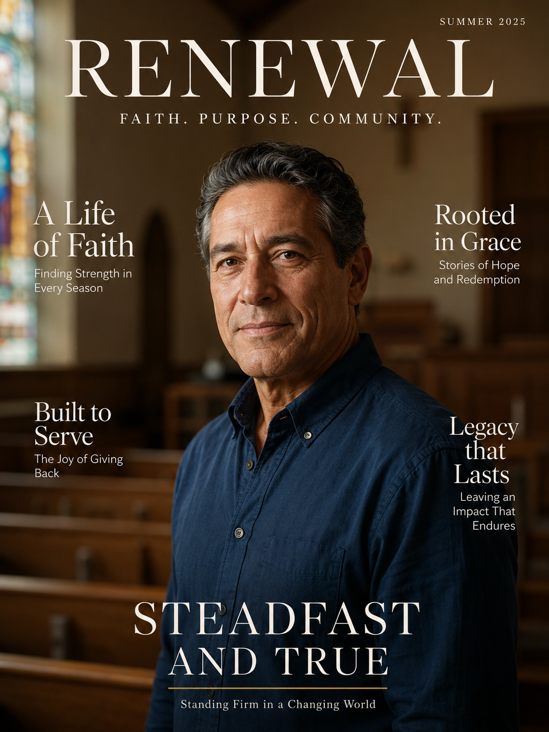 Faith Focus Journal magazine cover featuring a ministry leader, Renewal issue